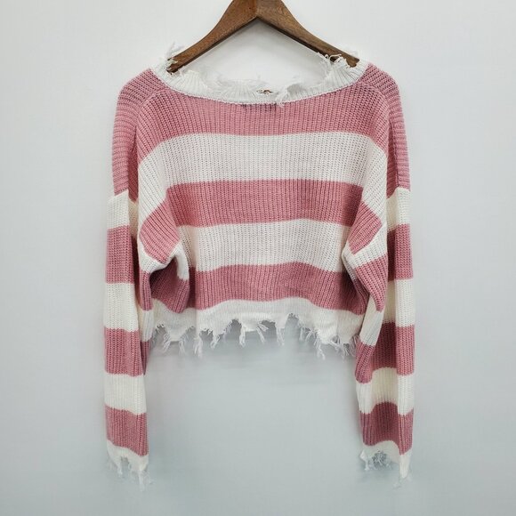 Womens L Striped Distressed Cropped Sweater Pink White Long Sleeve Grunge Y2K - Picture 5 of 16
